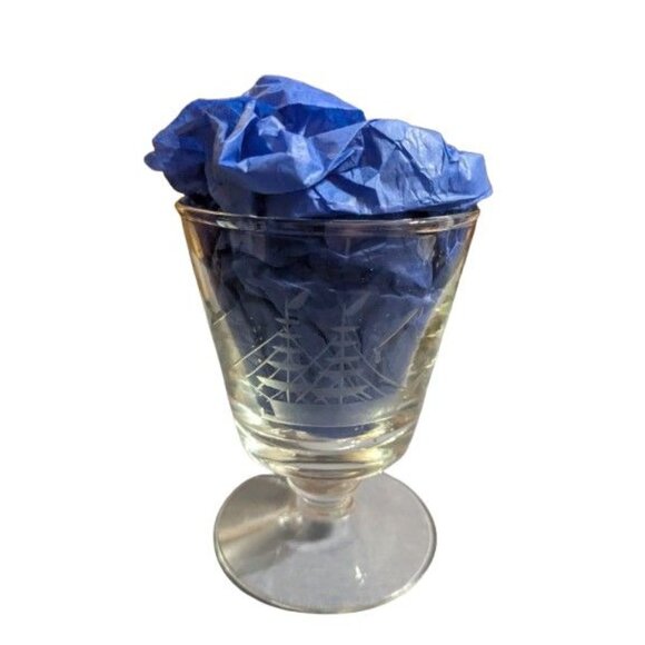 2pc Pair Tall Ship Sailboat Etched Crystal Whiskey Glass Drinkware Barware VTG - Picture 3 of 4